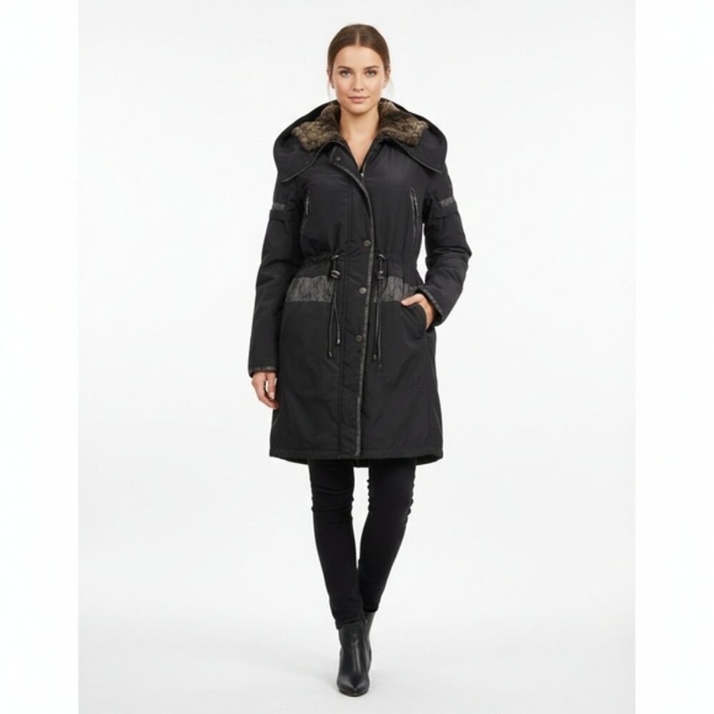 💠Creenstone Tegen Satin Crush Parka Hooded Faux Fur Winter Coat Black Large